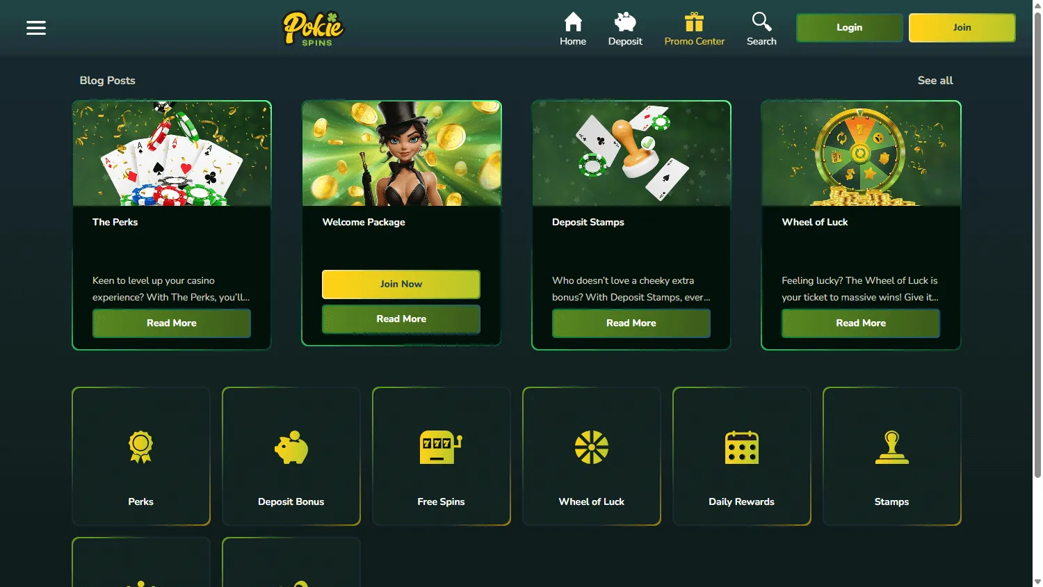 Pokie Spins Casino desktop promotions screen with bonus offers