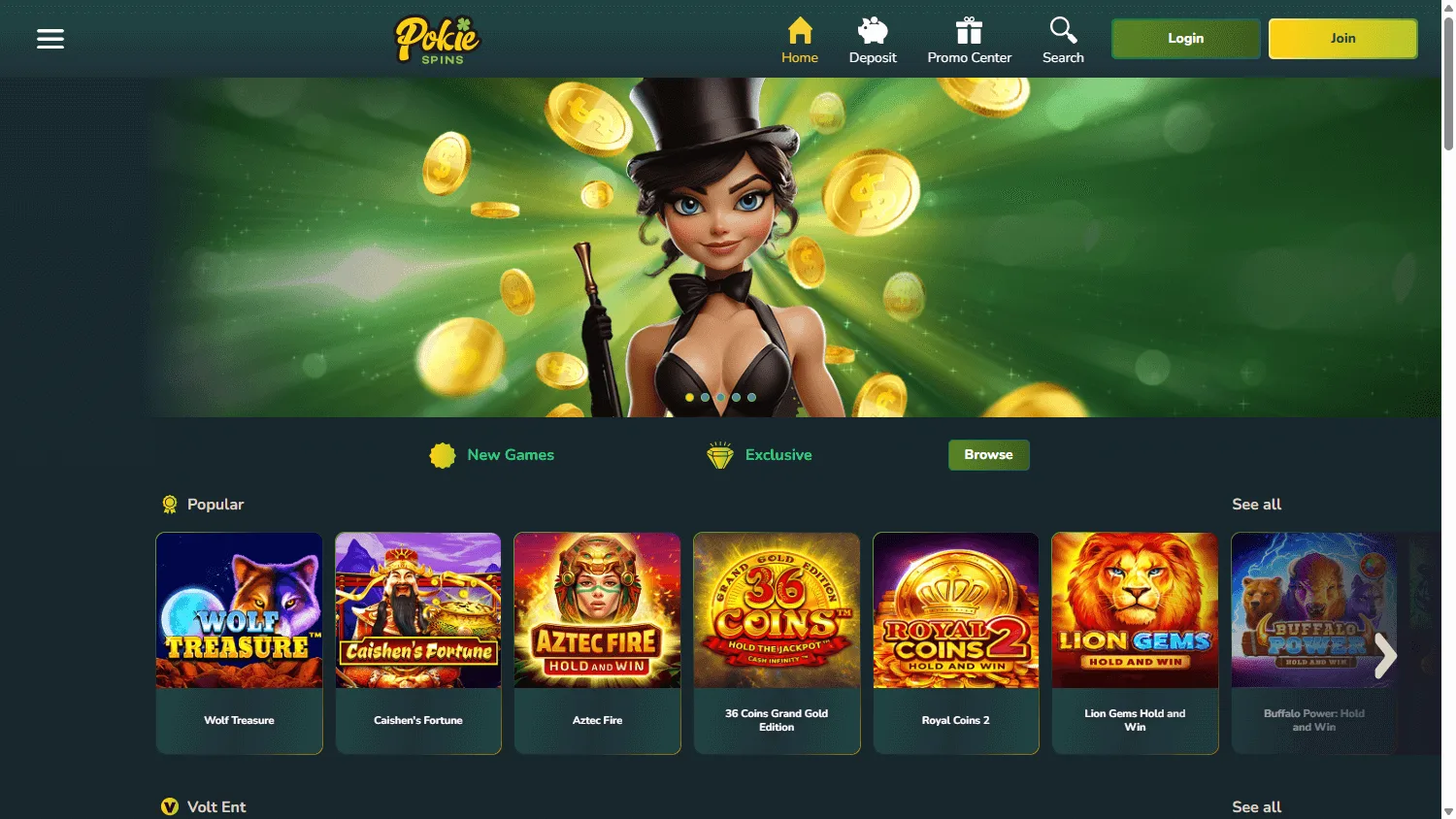 Pokie Spins Casino desktop home screen with the welcome package