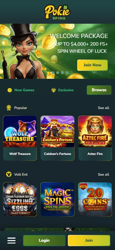 Pokie Spins Casino mobile home screen with the menu in the bottom left