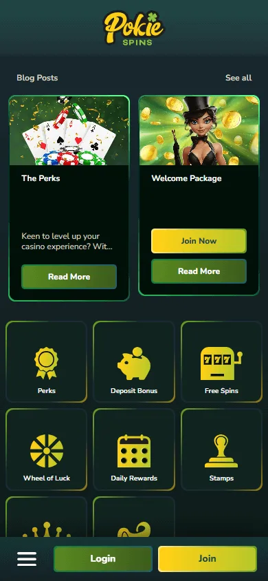 Pokie Spins Casino mobile promotions screen with rewards and offers